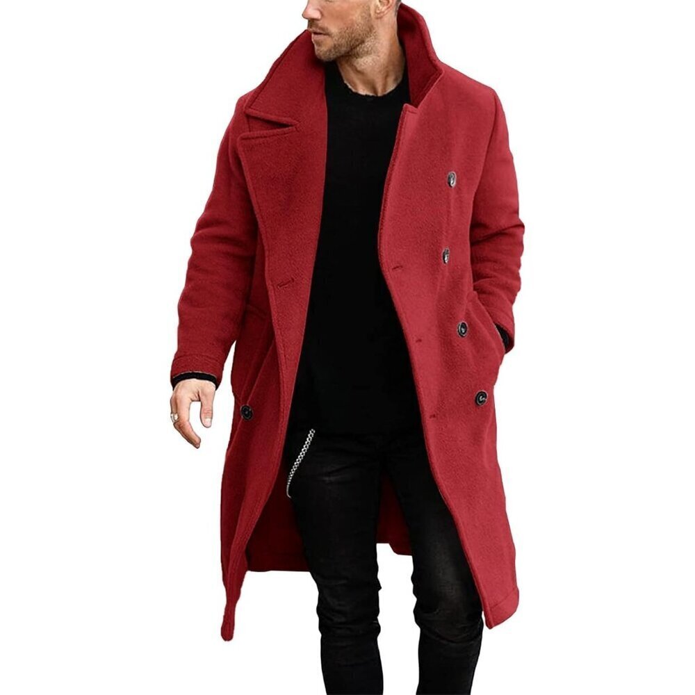 Men's Burgundy Double Breasted Trench Coat Collar Business Winter Long Coats